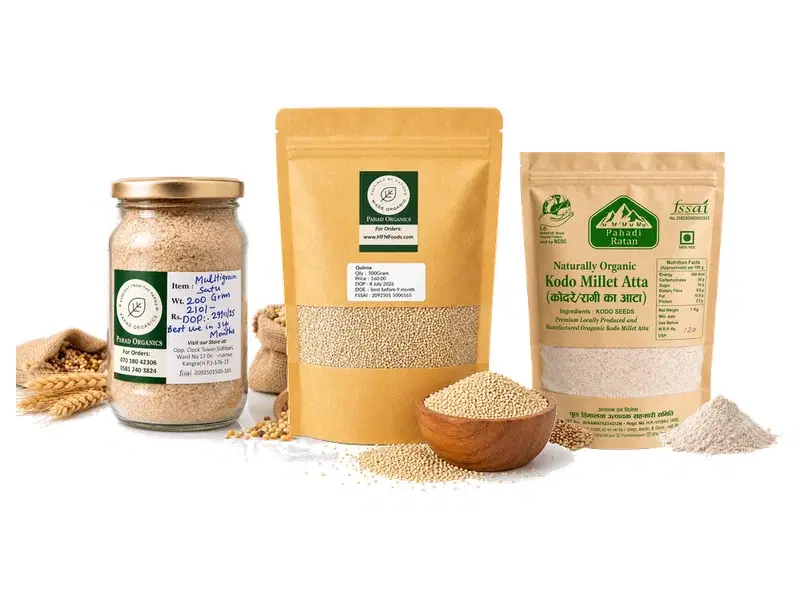 Flour and grains displayed in a warm pantry setting
