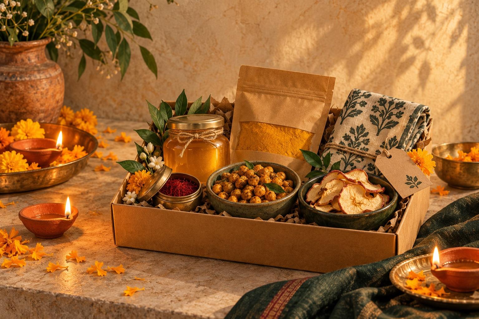Editorial illustration of a Diwali pantry hamper with honey, saffron, turmeric, roasted chickpeas and dried apple